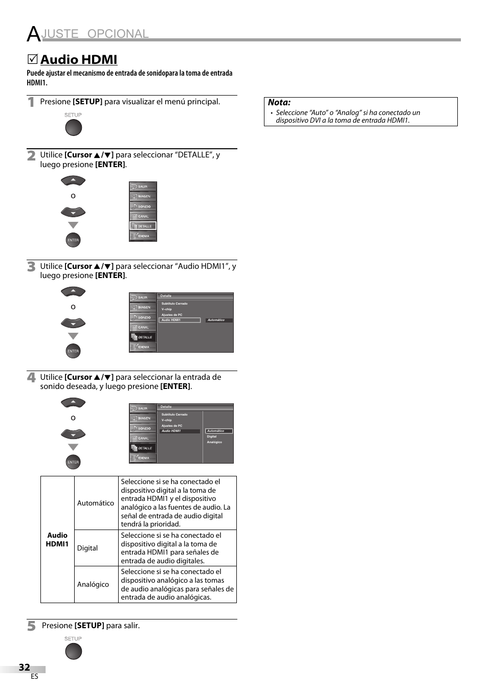 Juste opcional, Audio hdmi | Sylvania LC320SS9 B User Manual | Page 70 / 76
