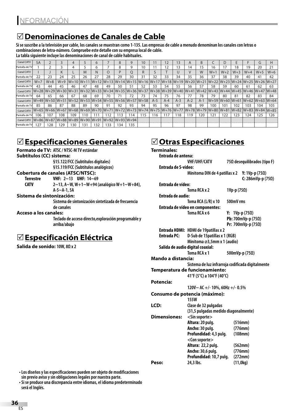 Nformación, Especificaciones generales, Especificación eléctrica | 5otras especificaciones, Denominaciones de canales de cable 5 | Sylvania LC320SS9 B User Manual | Page 74 / 76