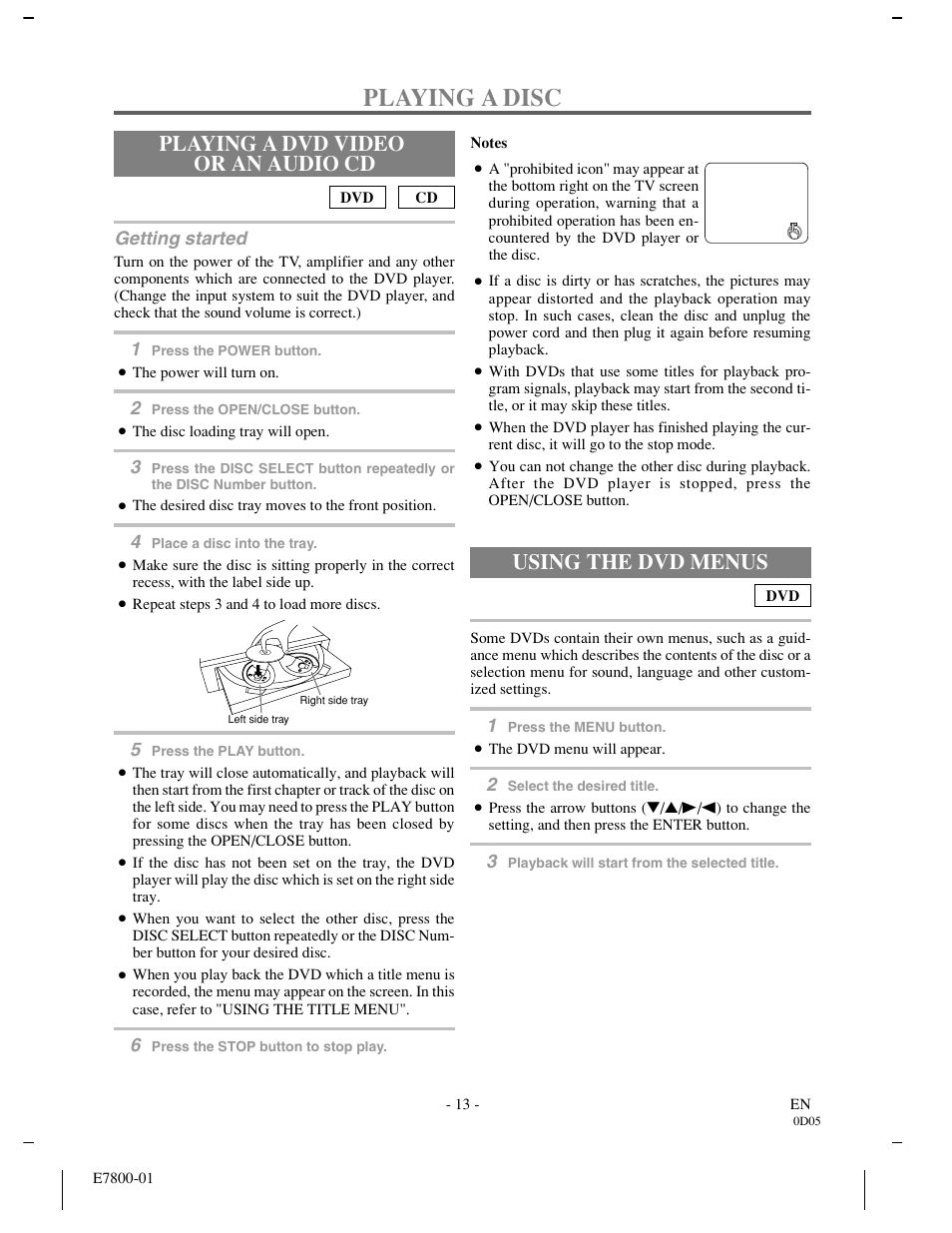 Playing a disc, Playing a dvd video or an audio cd, Using the dvd menus | Getting started | Sylvania DVL500A User Manual | Page 13 / 40