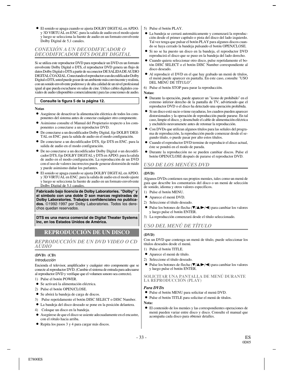 Reproducción de un disco, Reproducción de un dvd video o cd audio, Uso de los menúes dvd | Uso del menú de título, 33 - es | Sylvania DVL500A User Manual | Page 33 / 40