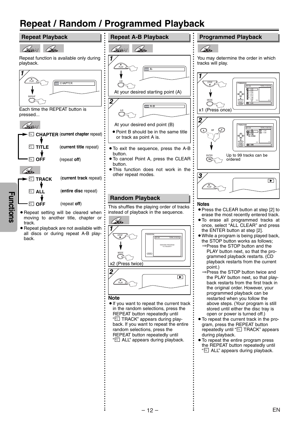 Repeat / random / programmed playback, Functions, Random playback | Sylvania SSD204 User Manual | Page 12 / 20
