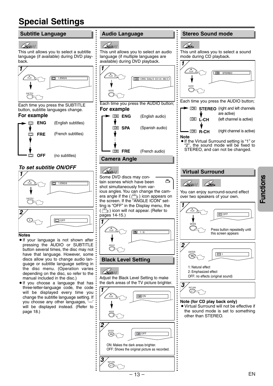 Special settings, Functions, Audio language | For example, Stereo sound mode camera angle, For example subtitle language, Black level setting, Virtual surround | Sylvania SSD204 User Manual | Page 13 / 20