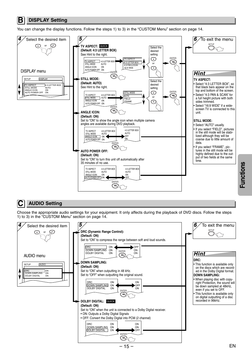 Functions, Hint, Display setting | Audio setting, Display menu, Audio menu | Sylvania SSD204 User Manual | Page 15 / 20