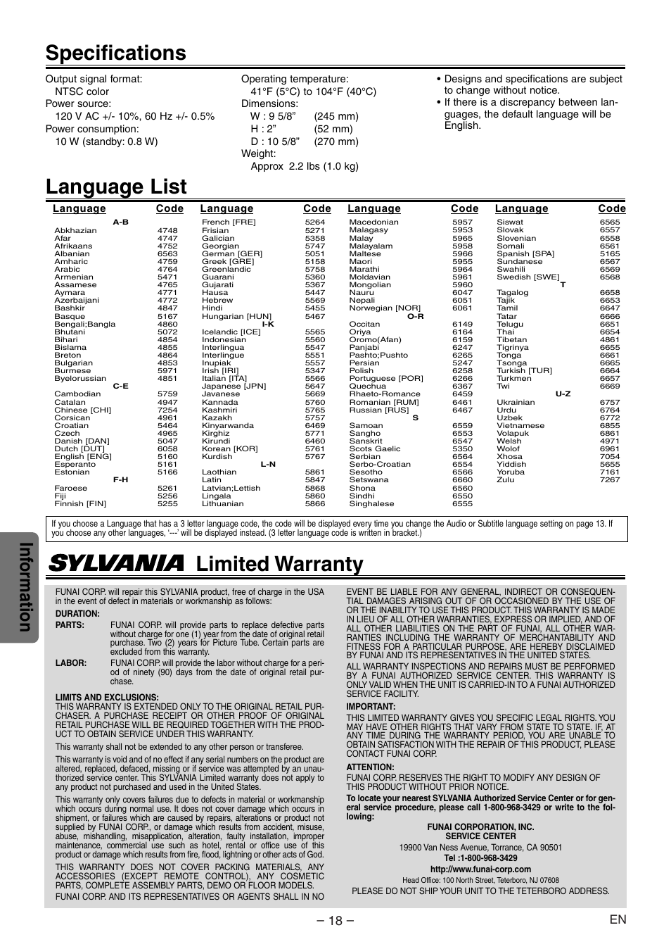 Language list, Specifications, Limited warranty | Inf ormation | Sylvania SSD204 User Manual | Page 18 / 20