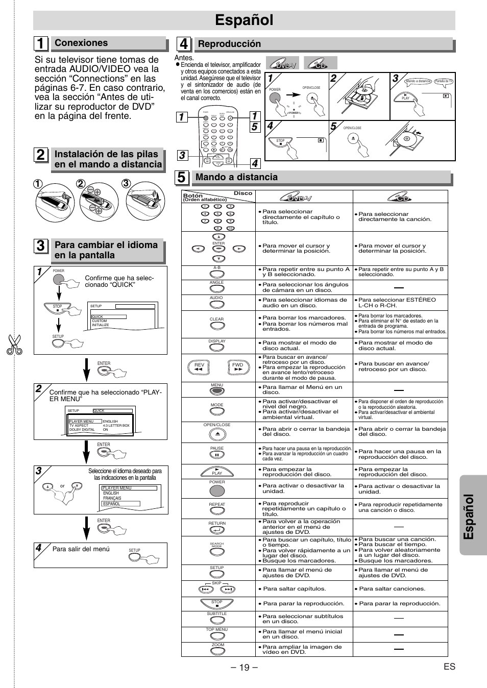 Español, Conexiones, Para cambiar el idioma en la pantalla | Reproducción, Mando a distancia, Instalación de las pilas en el mando a distancia | Sylvania SSD204 User Manual | Page 19 / 20