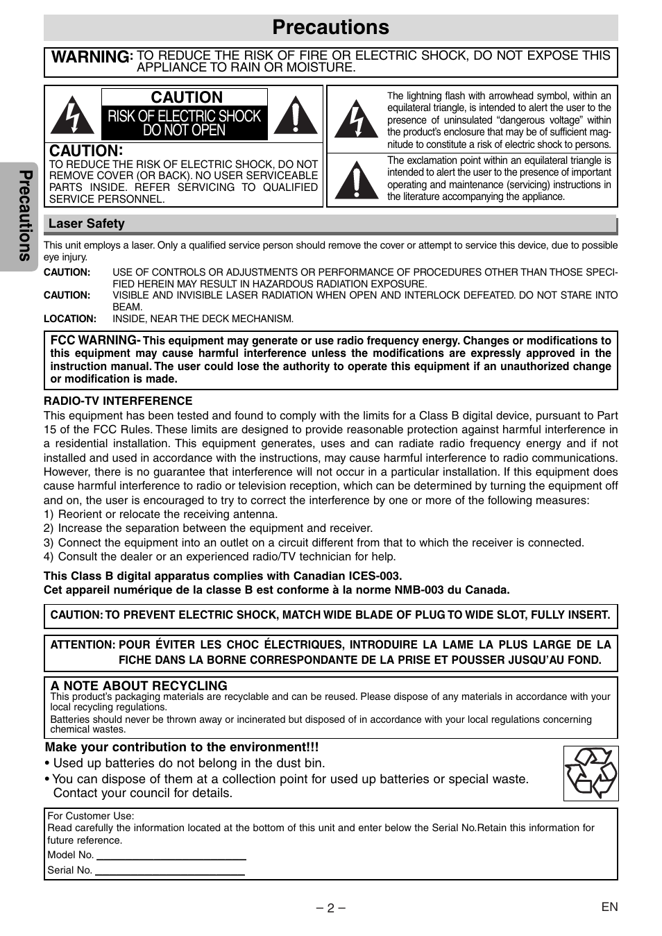 Precautions, Warning, Caution | Caution risk of electric shock do not open | Sylvania SSD204 User Manual | Page 2 / 20