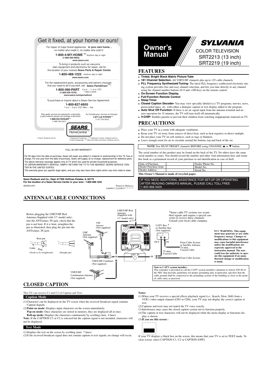 Sylvania SRT2213 User Manual | 8 pages