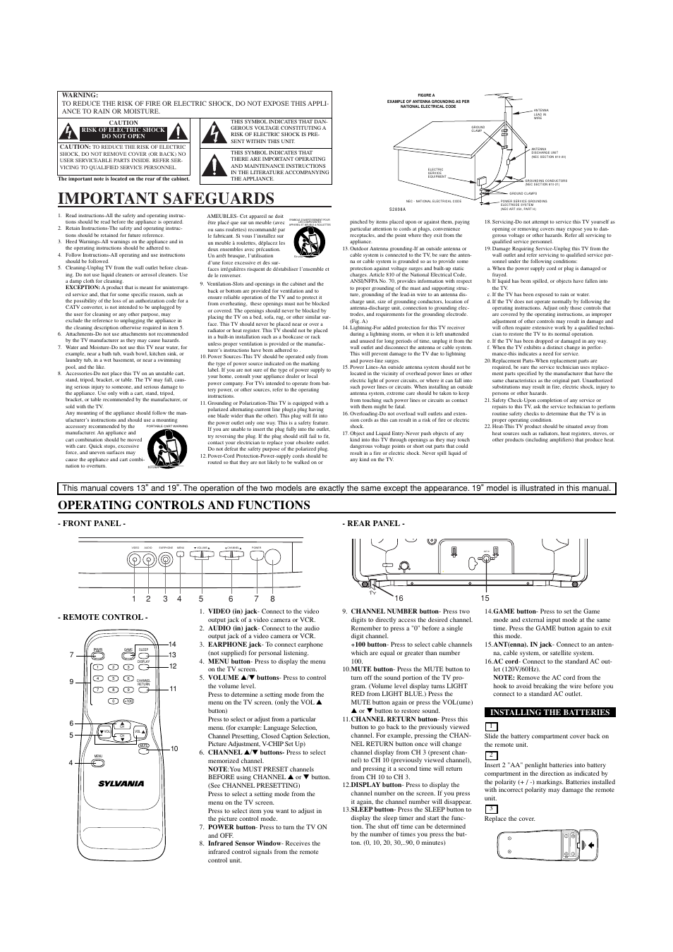 Important safeguards, Operating controls and functions, Front panel - - rear panel | Remote control, Installing the batteries | Sylvania SRT2213 User Manual | Page 2 / 8