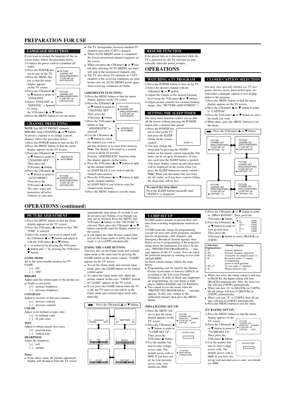 Operations (continued), Preparation for use operations | Sylvania SRT2213 User Manual | Page 3 / 8