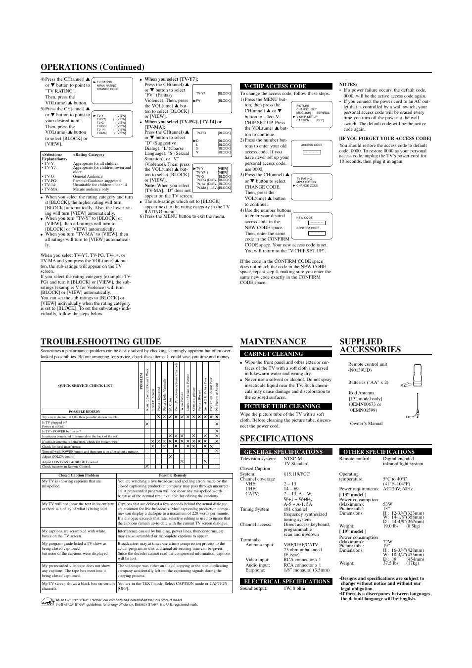 Specifications maintenance, Supplied accessories troubleshooting guide, Operations (continued) | Sylvania SRT2213 User Manual | Page 4 / 8
