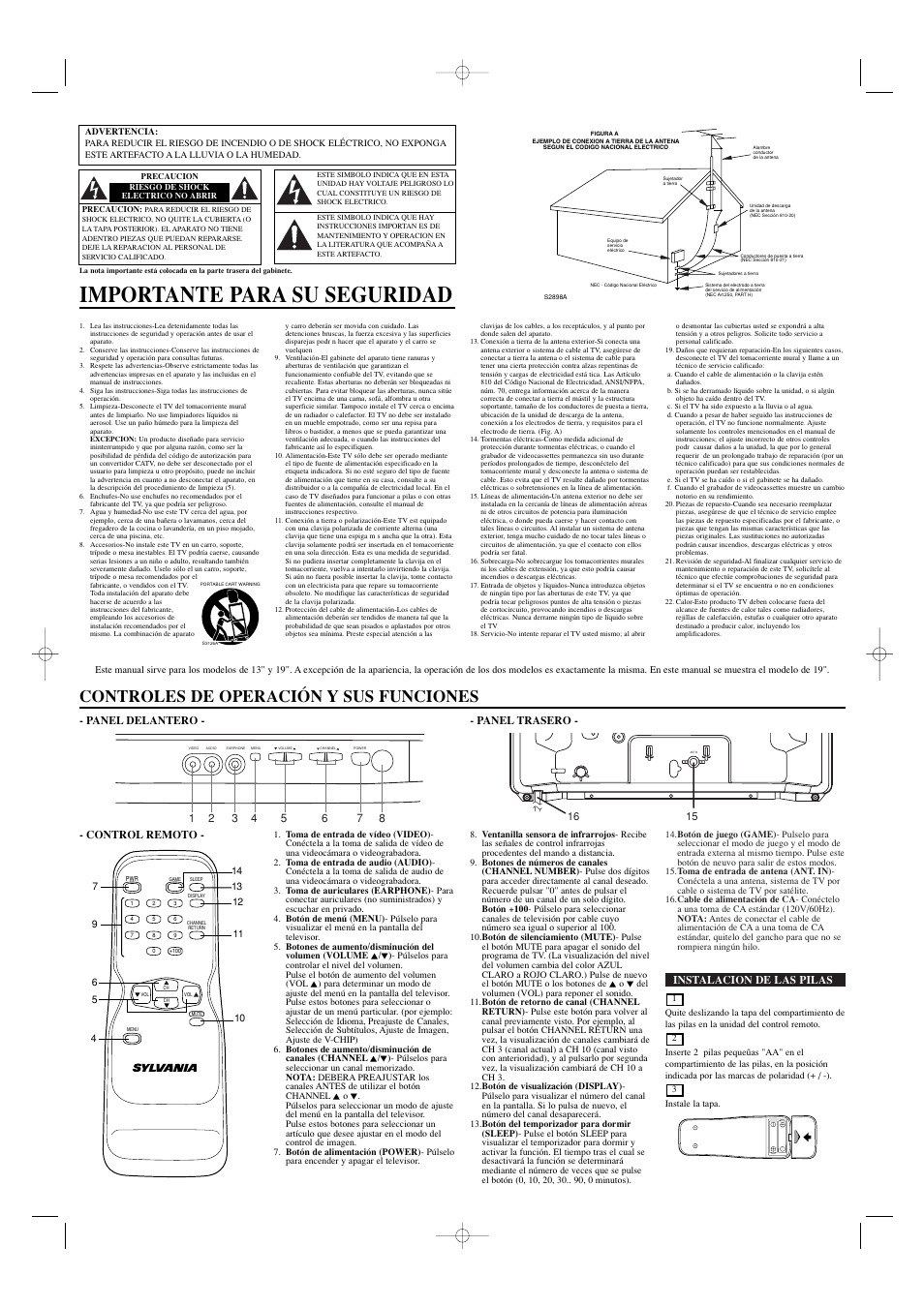 Importante para su seguridad, Controles de operación y sus funciones, Instalacion de las pilas | 16 15 - panel delantero - - panel trasero, Control remoto | Sylvania SRT2213 User Manual | Page 6 / 8