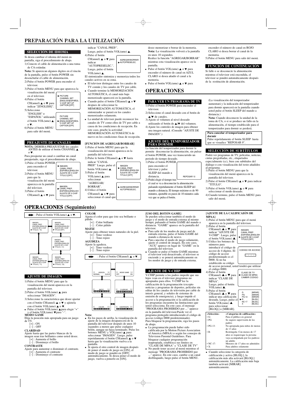 Preparación para la utilización, Operaciones, Operaciones (seguimiento) operaciones | Sylvania SRT2213 User Manual | Page 7 / 8