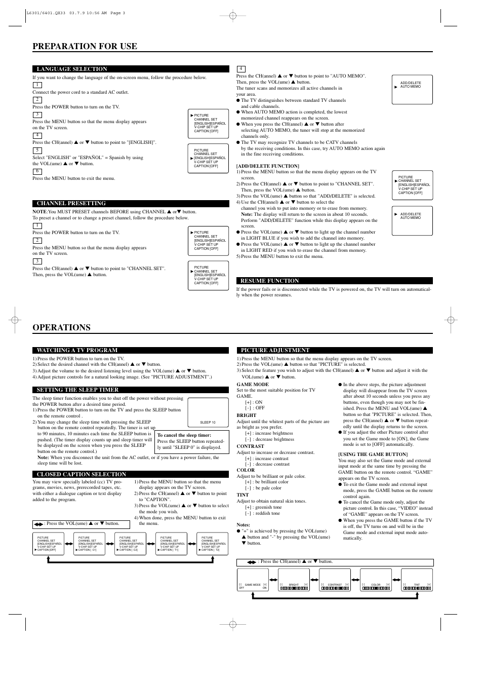 Preparation for use, Operations | Sylvania 6413TD User Manual | Page 3 / 4