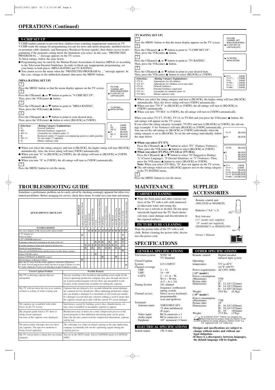 Specifications operations (continued), Maintenance, Supplied accessories troubleshooting guide | Owner’s manual | Sylvania 6413TD User Manual | Page 4 / 4