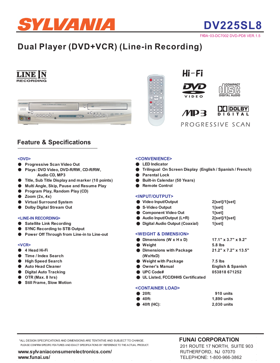 Sylvania DV225SL8 User Manual | 1 page