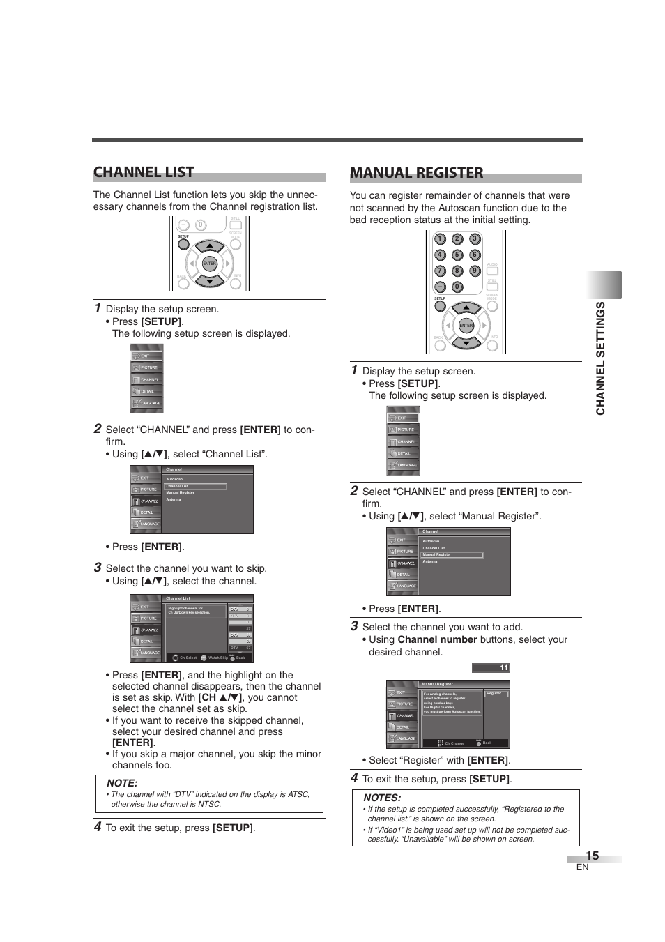 Channel list, Manual register, Channel settings | Sylvania 6842THG User Manual | Page 15 / 78