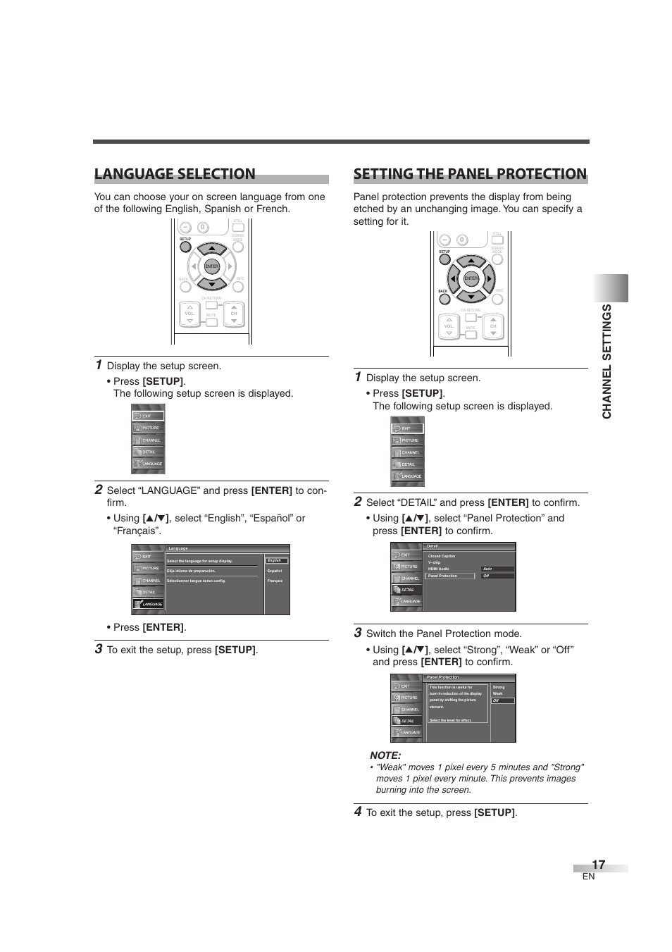 Language selection, Setting the panel protection, Channel settings | Sylvania 6842THG User Manual | Page 17 / 78
