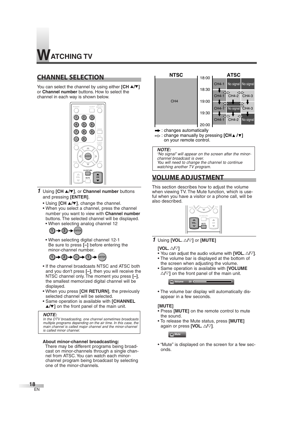Channel selection, Volume adjustment, Atching tv | Atsc, Ntsc | Sylvania 6842THG User Manual | Page 18 / 78