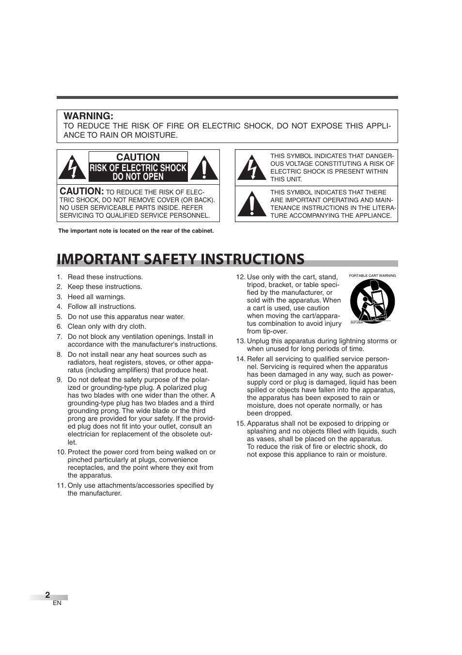 Important safety instructions, Caution, Caution risk of electric shock do not open | Warning | Sylvania 6842THG User Manual | Page 2 / 78
