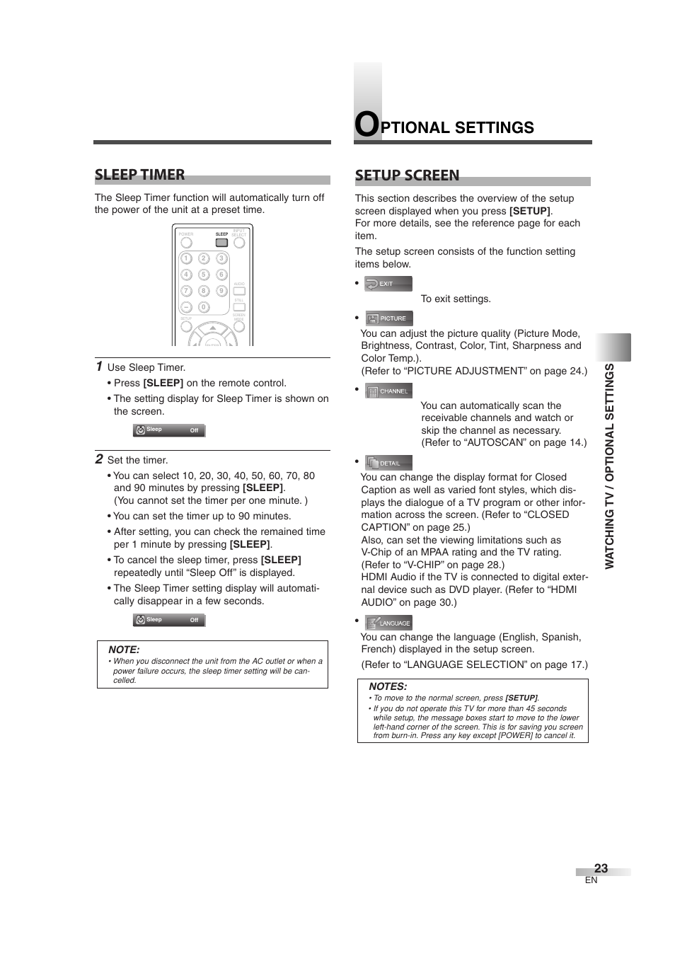 Ptional settings setup screen, Sleep timer, Wa tching tv / optional settings | Sylvania 6842THG User Manual | Page 23 / 78