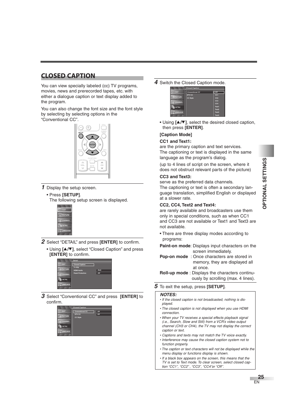 Closed caption, Optional settings | Sylvania 6842THG User Manual | Page 25 / 78