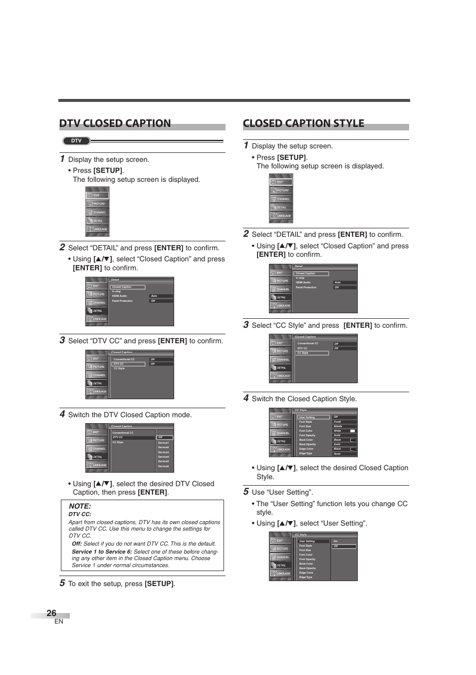 Dtv closed caption, Closed caption style, Select “dtv cc” and press [enter] to confirm | Select “cc style” and press [enter] to confirm | Sylvania 6842THG User Manual | Page 26 / 78