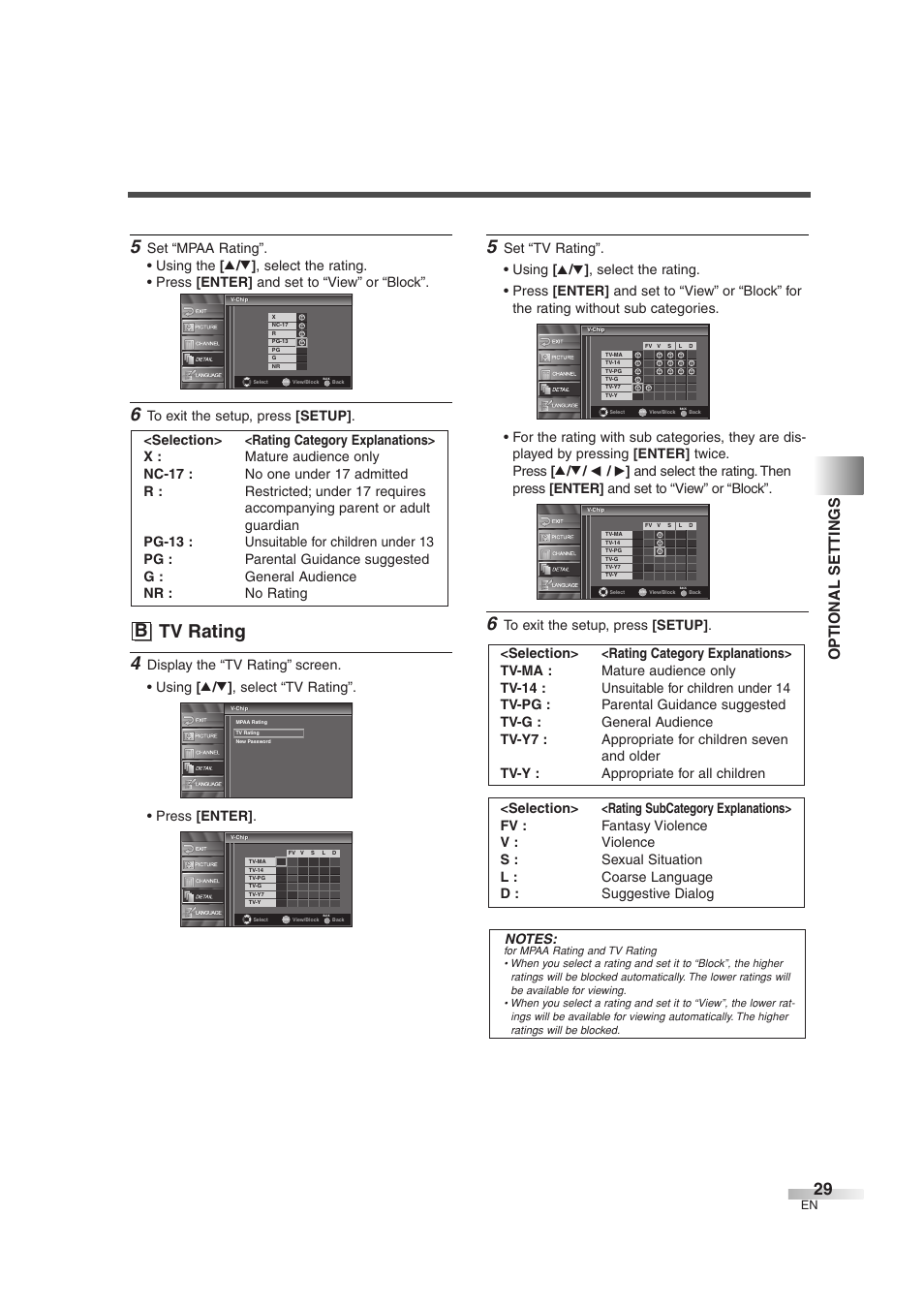 B tv rating, Optional settings | Sylvania 6842THG User Manual | Page 29 / 78