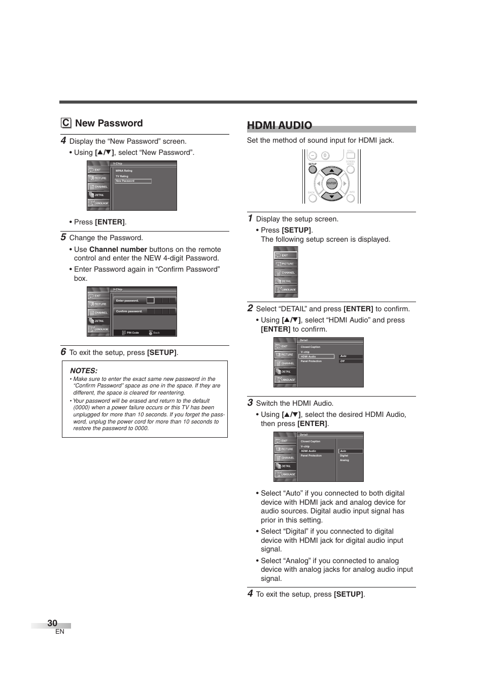 Hdmi audio, C new password, Set the method of sound input for hdmi jack | Sylvania 6842THG User Manual | Page 30 / 78