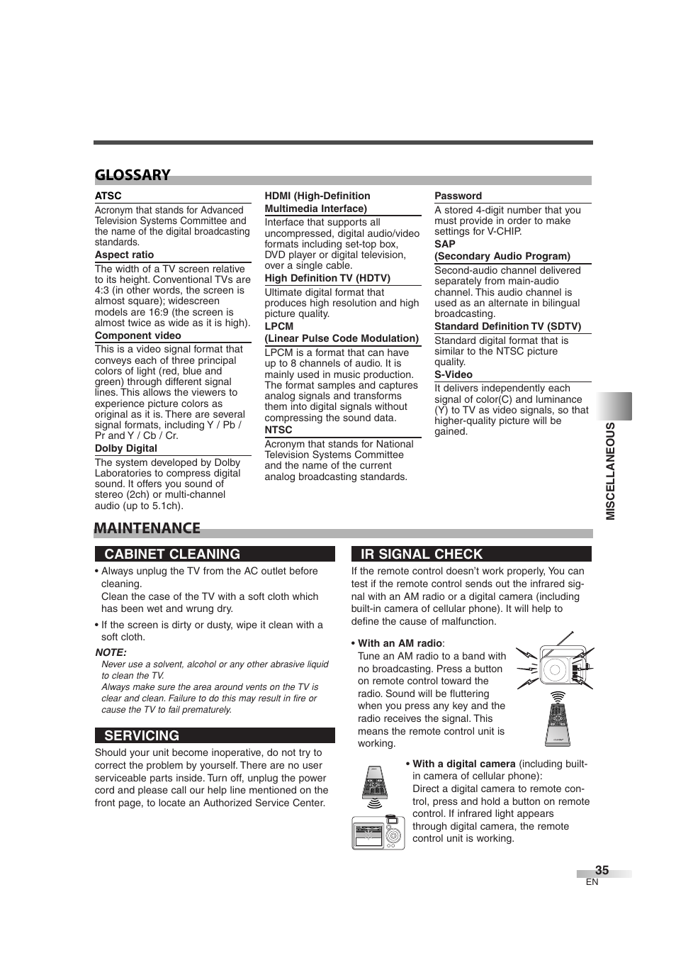 Maintenance glossary, Cabinet cleaning, Servicing | Ir signal check | Sylvania 6842THG User Manual | Page 35 / 78