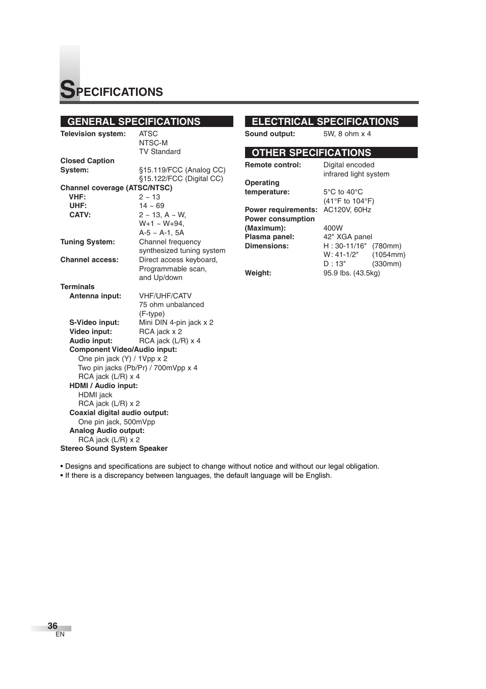 Pecifications, General specifications, Electrical specifications | Other specifications | Sylvania 6842THG User Manual | Page 36 / 78