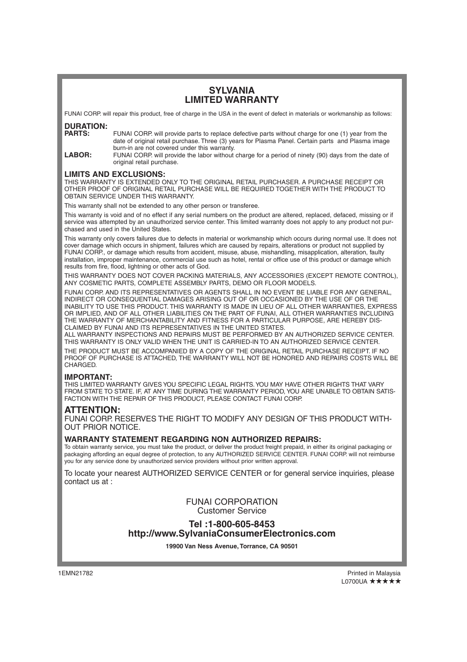 Sylvania limited warranty, Attention | Sylvania 6842THG User Manual | Page 38 / 78