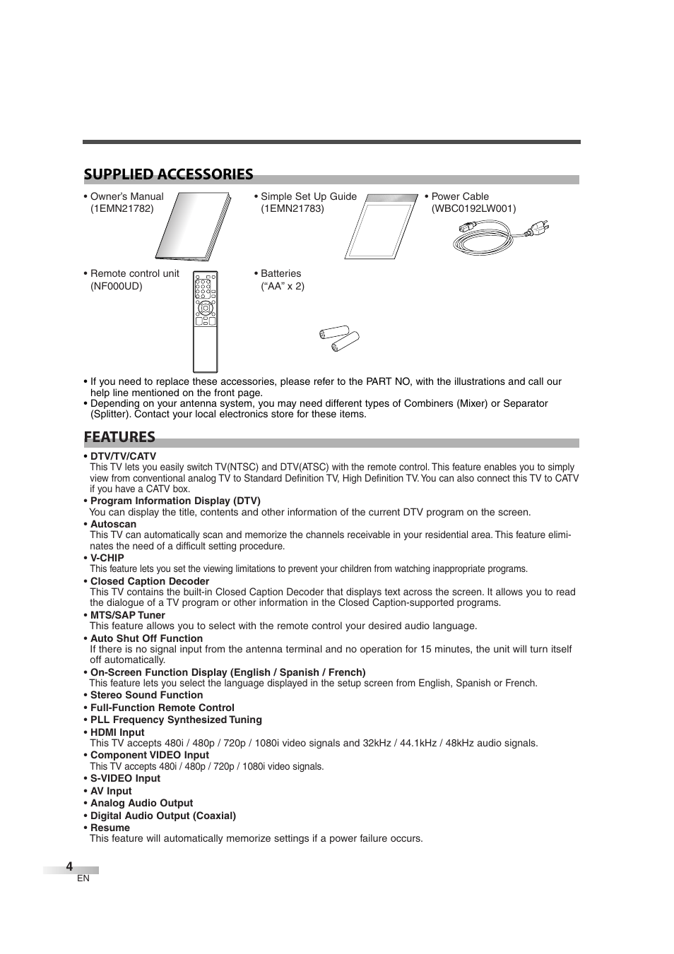 Features supplied accessories | Sylvania 6842THG User Manual | Page 4 / 78
