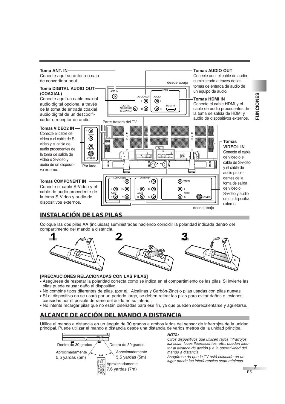 Instalación de las pilas, Alcance de acción del mando a distancia, Funciones | Sylvania 6842THG User Manual | Page 45 / 78