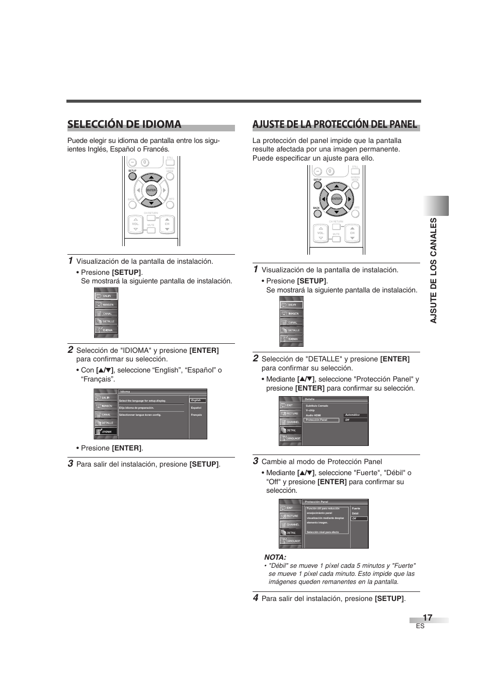 Selección de idioma, Ajuste de la protección del panel, Ajsute de los canales | Para salir del instalación, presione [setup | Sylvania 6842THG User Manual | Page 55 / 78