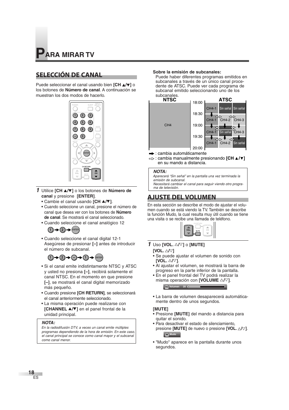 Ara mirar tv selección de canal, Ajuste del volumen, Atsc | Ntsc | Sylvania 6842THG User Manual | Page 56 / 78