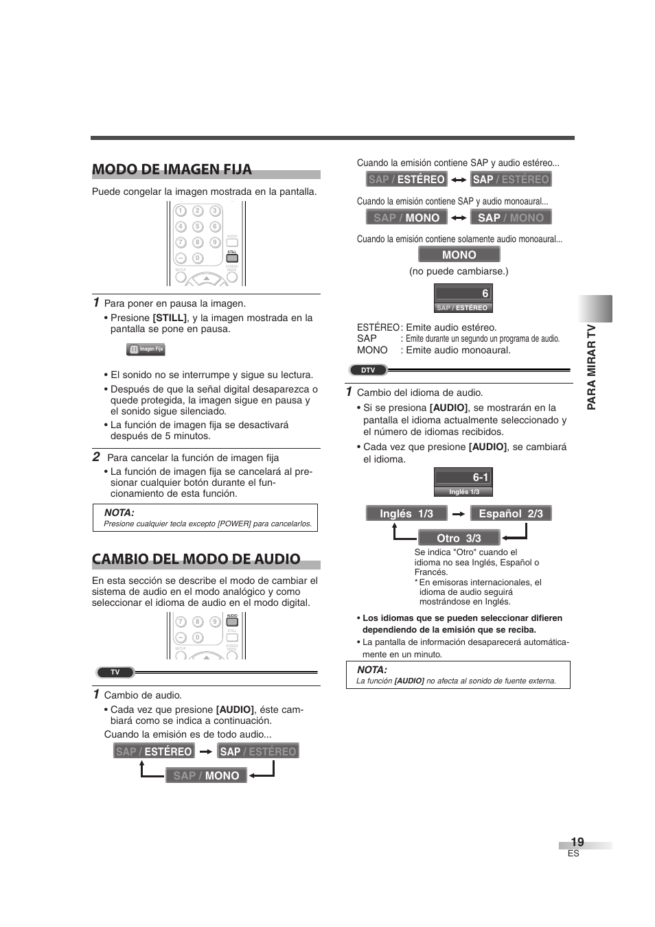 Modo de imagen fija, Cambio del modo de audio | Sylvania 6842THG User Manual | Page 57 / 78