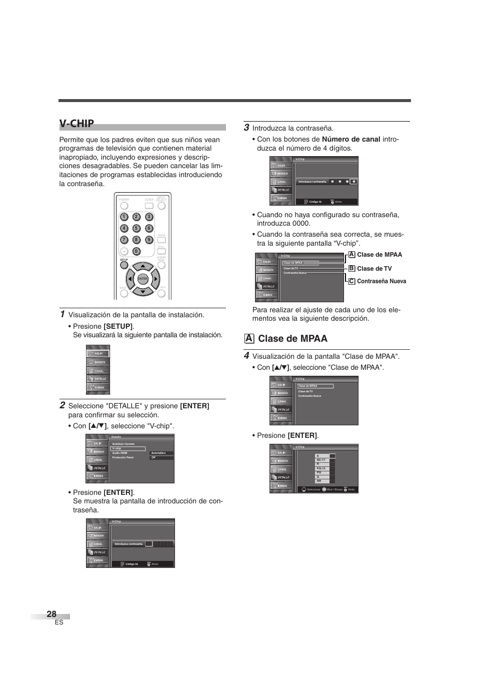 V-chip, A clase de mpaa, A clase de mpaa b clase de tv c contraseña nueva | Sylvania 6842THG User Manual | Page 66 / 78