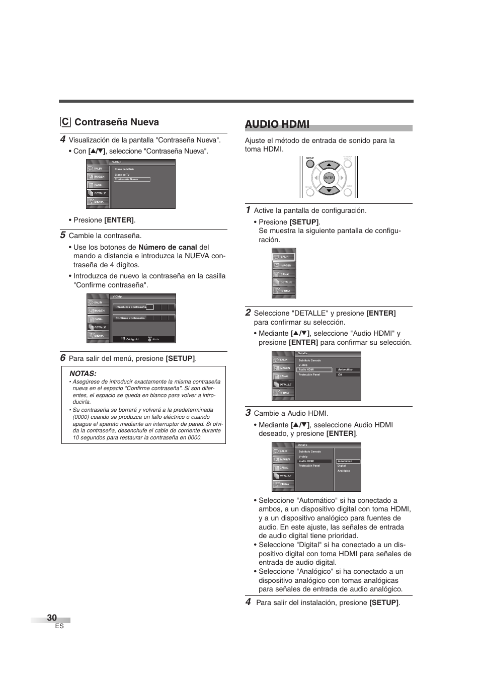Audio hdmi, C contraseña nueva, Para salir del menú, presione [setup] . notas | Para salir del instalación, presione [setup | Sylvania 6842THG User Manual | Page 68 / 78