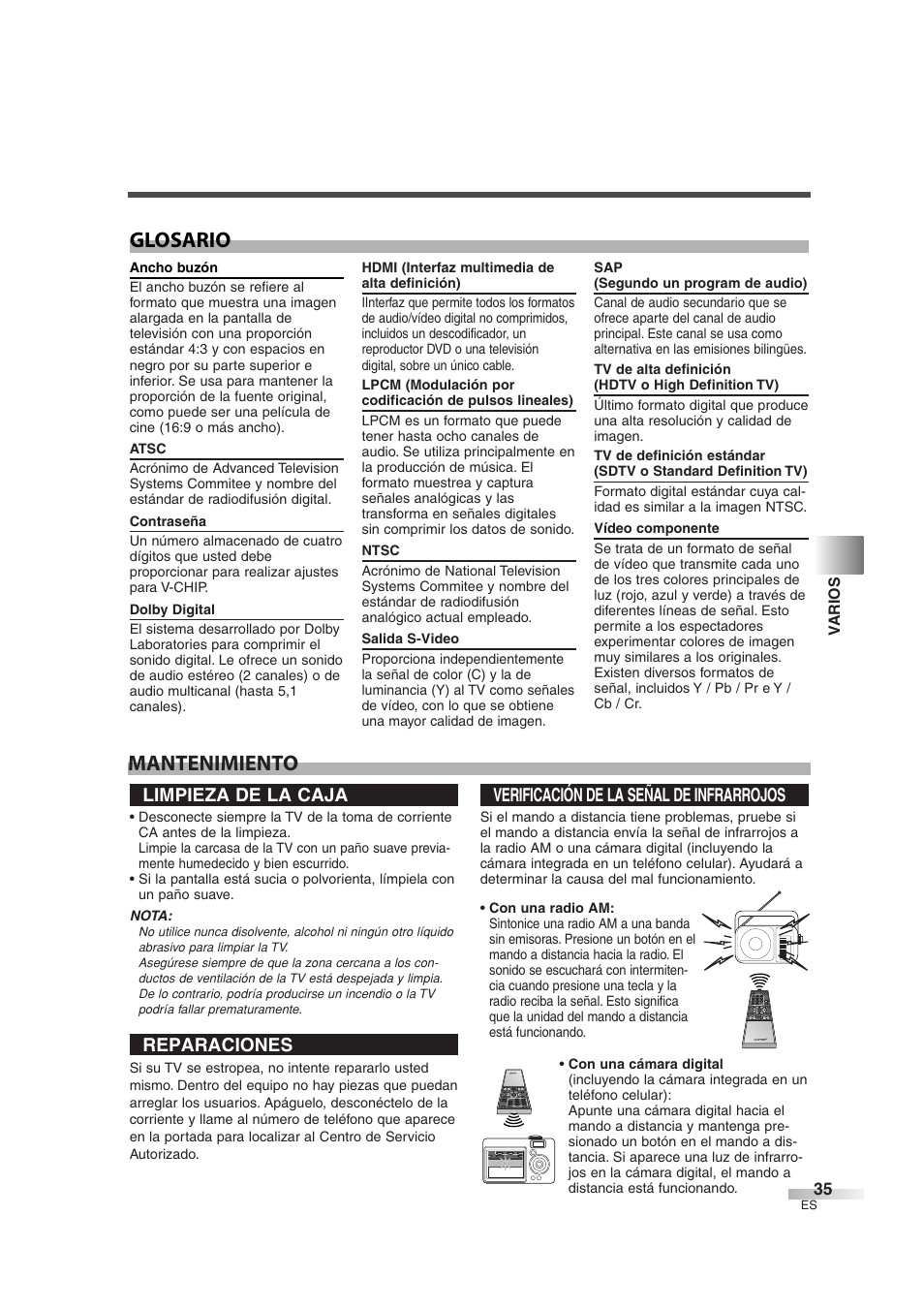 Mantenimiento glosario, Limpieza de la caja, Reparaciones | Verificación de la señal de infrarrojos | Sylvania 6842THG User Manual | Page 73 / 78