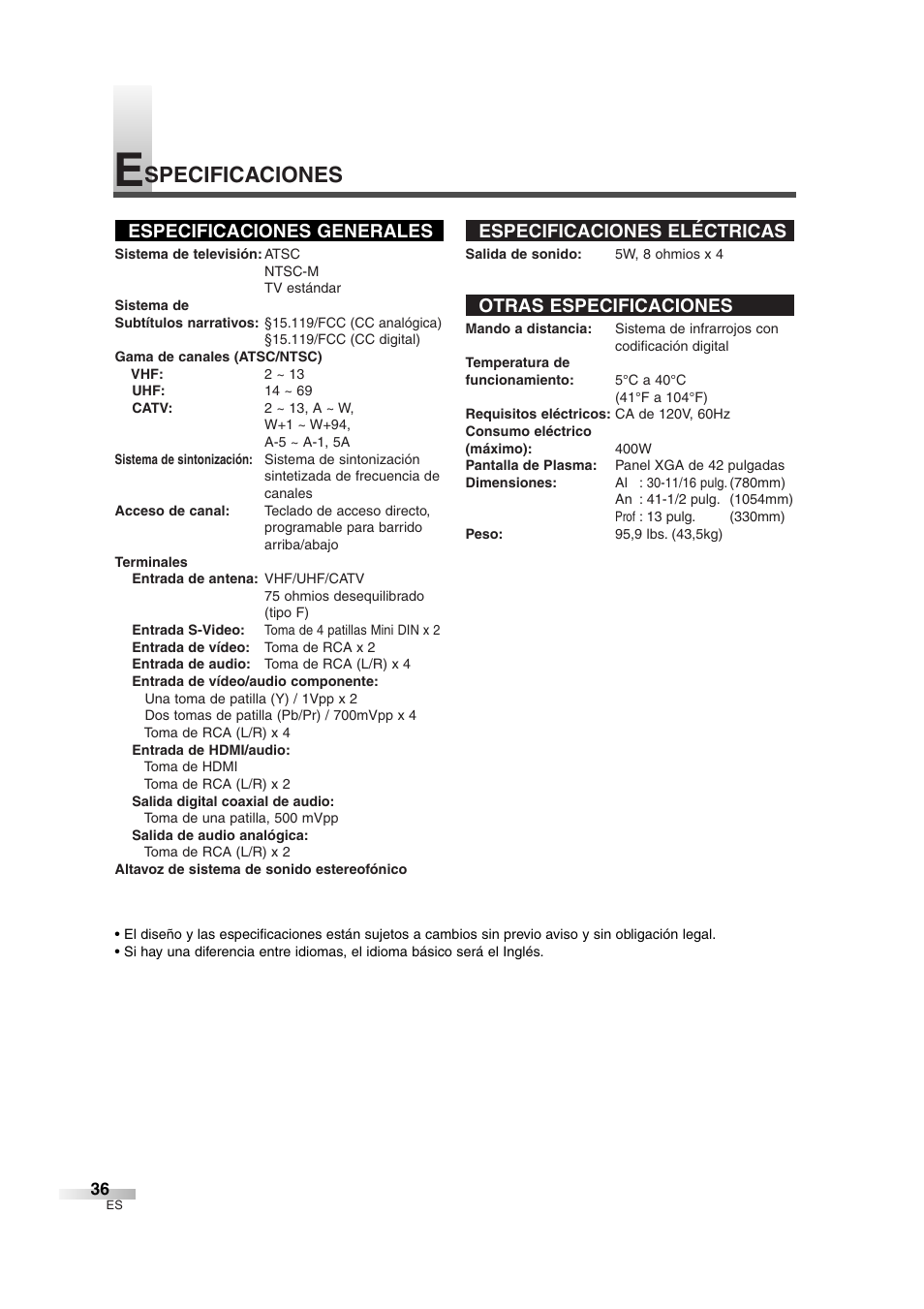 Specificaciones, Especificaciones generales, Especificaciones eléctricas | Otras especificaciones | Sylvania 6842THG User Manual | Page 74 / 78