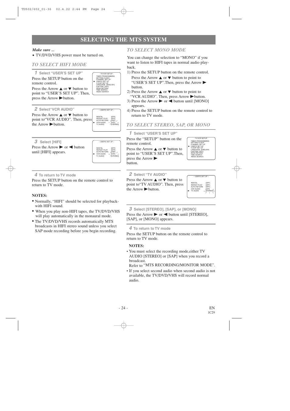 Selecting the mts system | Sylvania SSC727C User Manual | Page 24 / 64