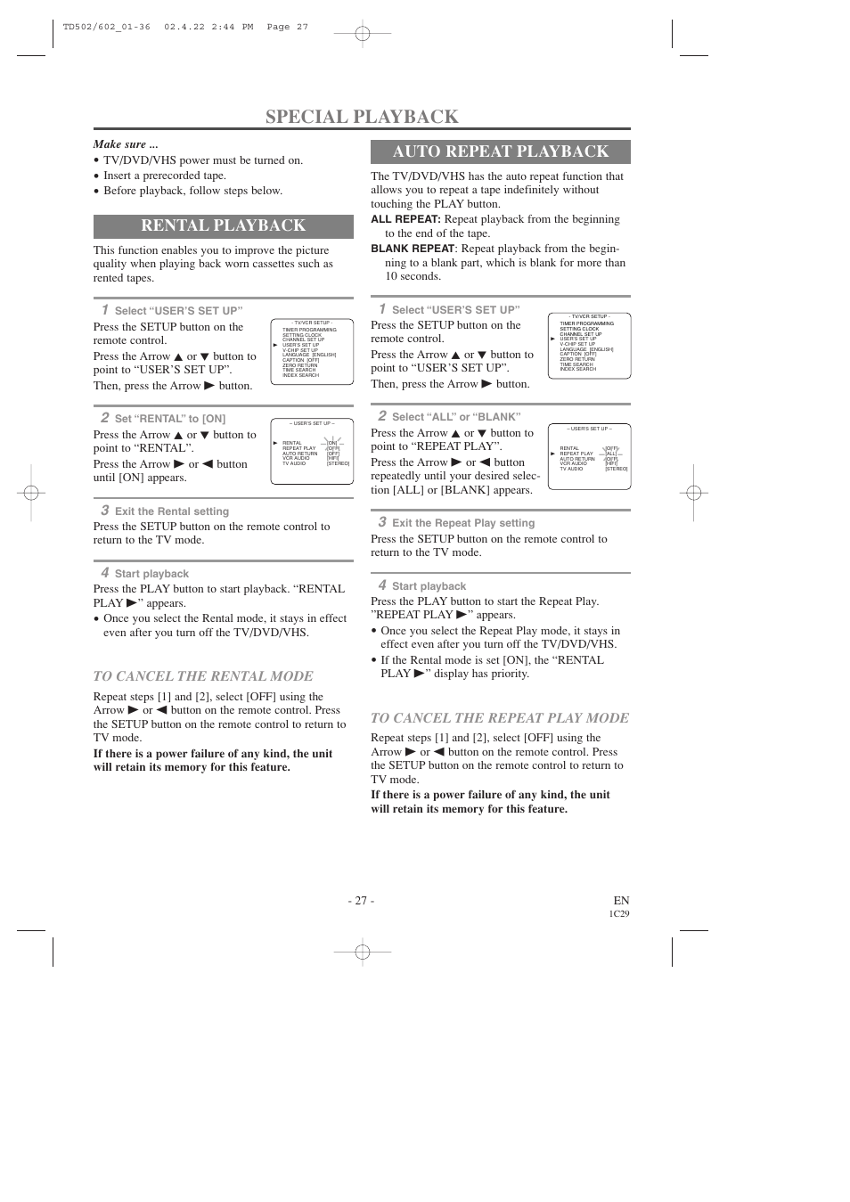 Special playback, Rental playback, Auto repeat playback | Sylvania SSC727C User Manual | Page 27 / 64
