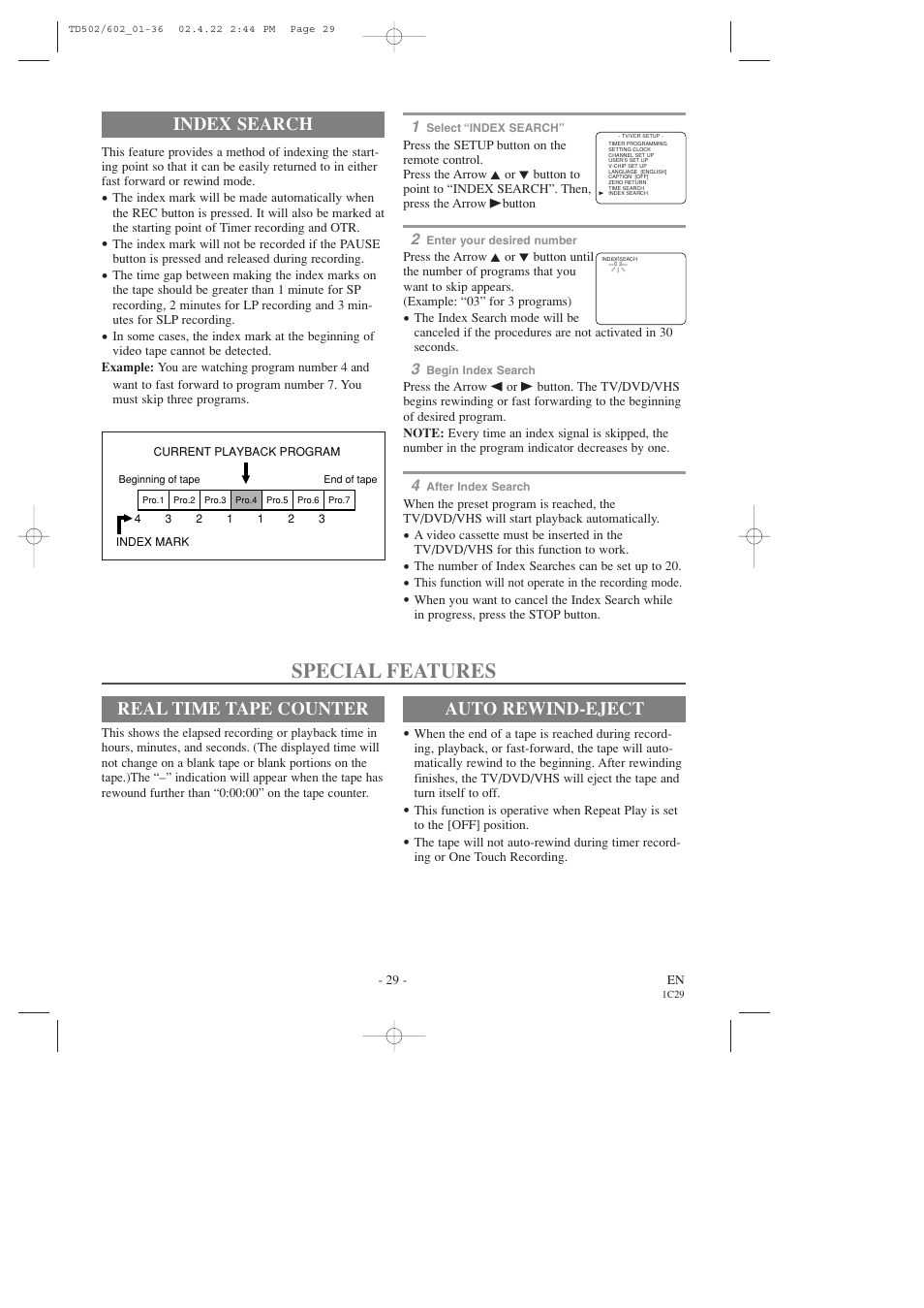 Special features, Index search, Real time tape counter | Auto rewind-eject | Sylvania SSC727C User Manual | Page 29 / 64