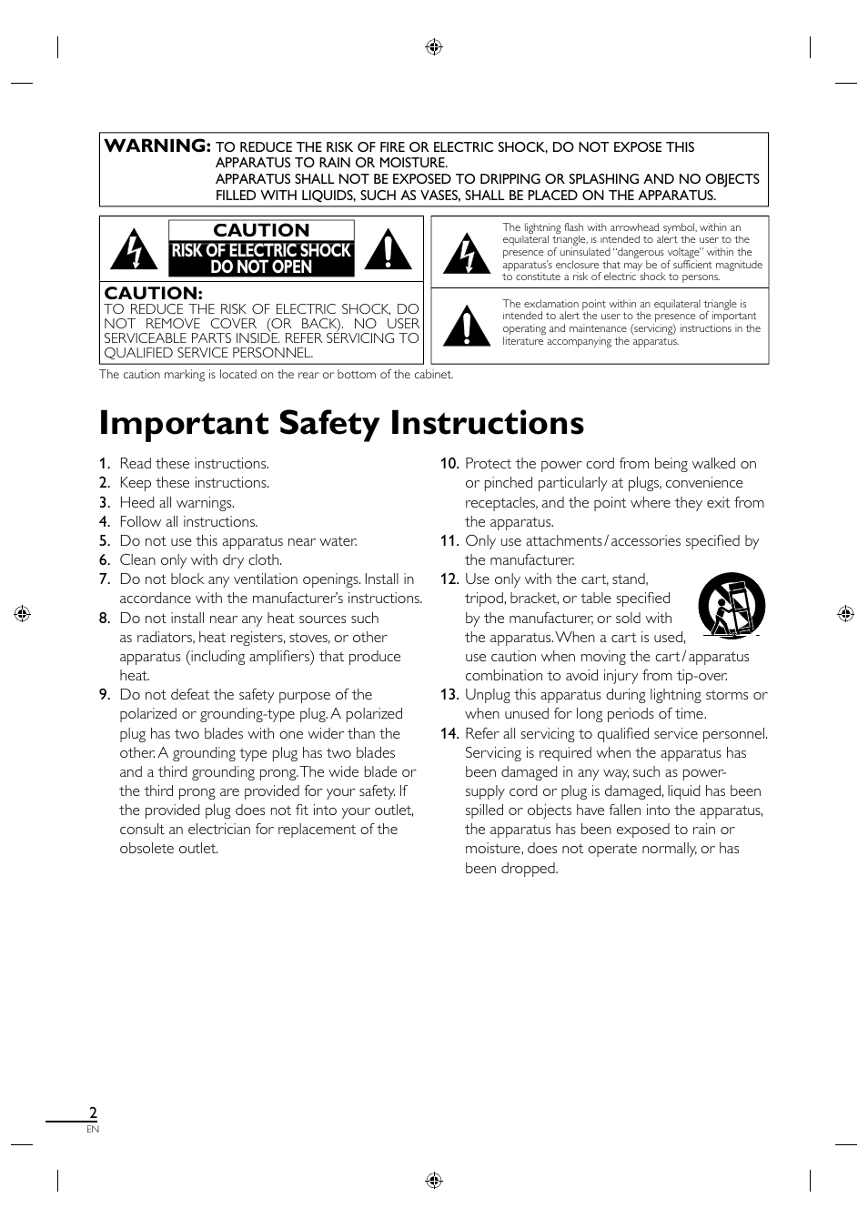 Important safety instructions, Warning, Caution | Caution risk of electric shock do not open | Sylvania LC190SL1 User Manual | Page 10 / 120
