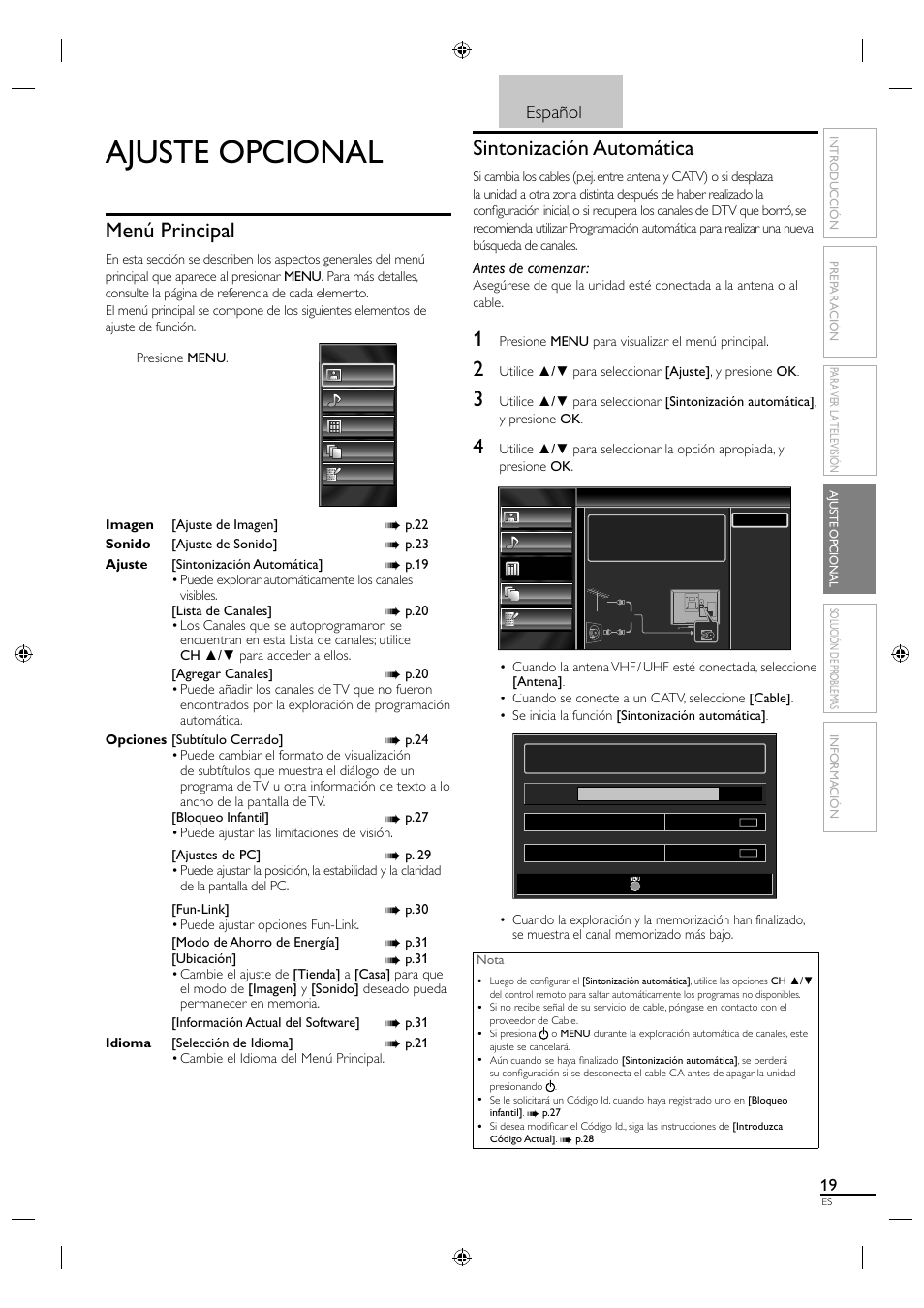 Ajuste opcional, Menú principal, Sintonización automática | Español | Sylvania LC190SL1 User Manual | Page 101 / 120