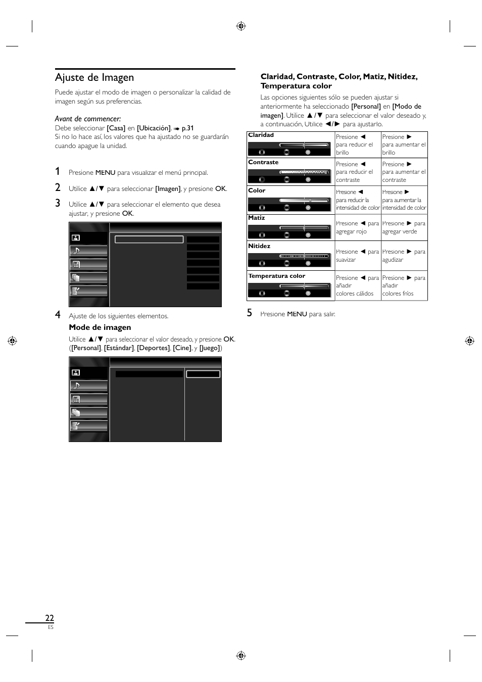 Ajuste de imagen, Avant de commencer, Mode de imagen | Temperatura color, Presione menu para visualizar el menú principal, Ajuste de los siguientes elementos, Presione menu para salir | Sylvania LC190SL1 User Manual | Page 104 / 120