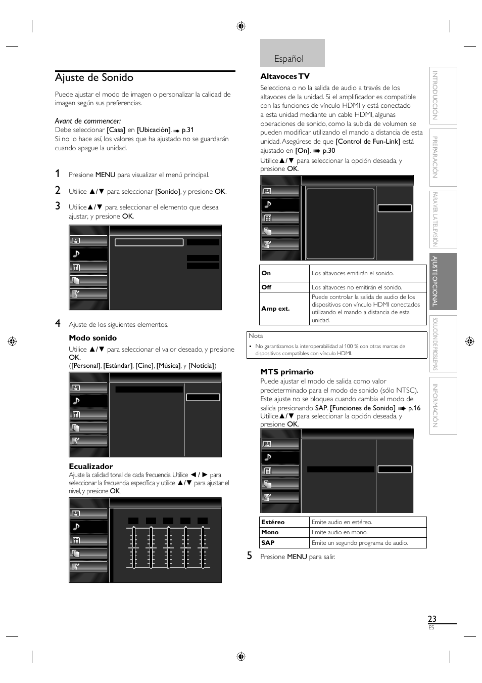 Ajuste de sonido, Español, Avant de commencer | Modo sonido, Ecualizador, Altavoces tv, Mts primario | Sylvania LC190SL1 User Manual | Page 105 / 120