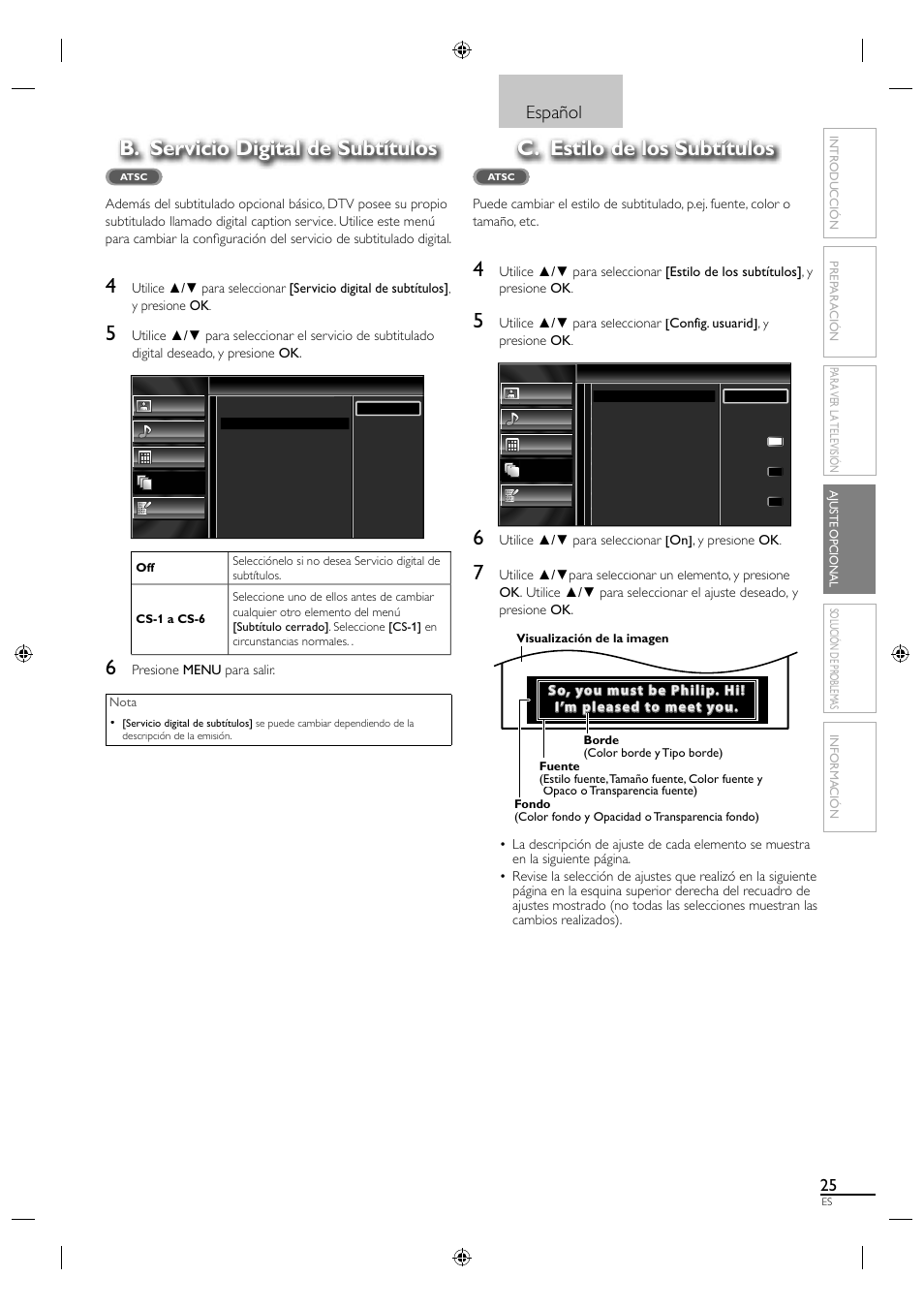 B. servicio digital de subtítulos, C. estilo de los subtítulos, Español | Sylvania LC190SL1 User Manual | Page 107 / 120
