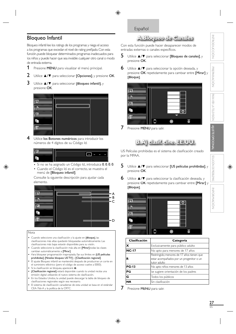Bloqueo infantil, A.bloqueo de canales, B. aj clasif. cine. ee.uu | Español | Sylvania LC190SL1 User Manual | Page 109 / 120