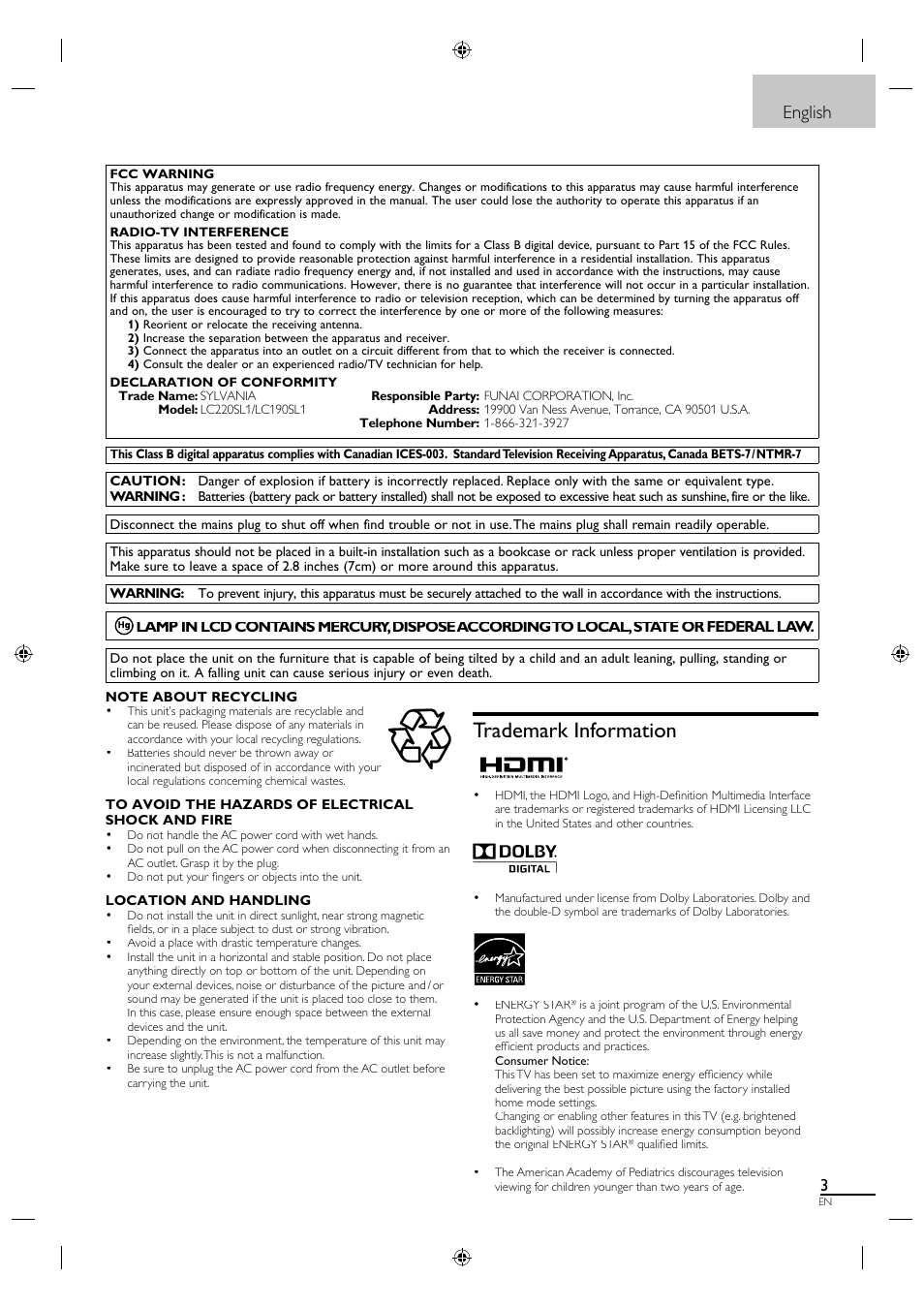 Trademark information, English | Sylvania LC190SL1 User Manual | Page 11 / 120